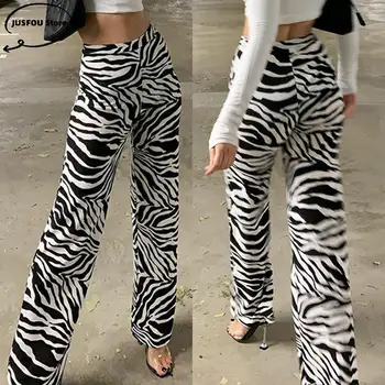 Seksi Zebra Baskı Geniş Bacak Pantolon Kadın Yüksek Bel Pantolon Moda Rahat Kadın Pantolon Streetwear Sonbahar Bahar Pantalones 9