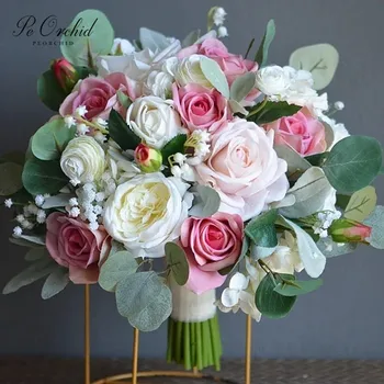 PEORCHID Allık Pembe Krem Beyaz Gelin Buketi yapay çiçekler Düğün Dekorasyon Vadi zambağı Okaliptüs Buketleri 11