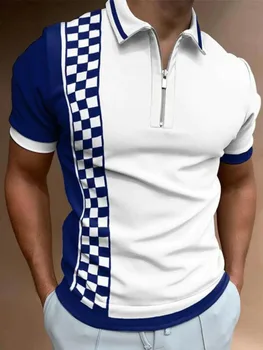 Yaz Yeni Avrupa / Amerikan erkek Moda Rahat Golf POLO GÖMLEK Çizgili Ekose Kısa Kollu Yaka Fermuar T-Shirt Streetwear
