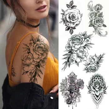 Yıkanabilir Gül Geçici Dövmeler Sticker Kadınlar Kızlar İçin Vücut Sanatı Kol Dövme Sahte Kendinden Yapışkanlı Siyah Çiçek Çiçeği Dövmeler Dekor 13