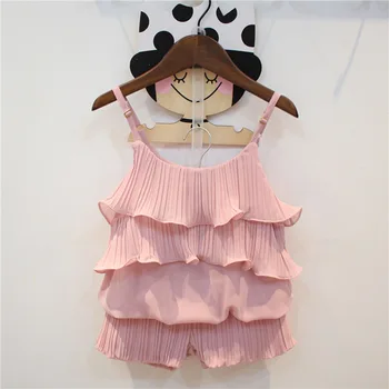 Yaz Kızlar Pilili Kek Yelek Şort İki Parçalı Takım Elbise çocuk giyim R2254