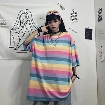 Japon Bayan Gökkuşağı Renkli Çizgili Kısa Kollu T-shirt Harajuku Kadın Rahat bol tişört Mujer O Boyun Pamuklu Tişört 15