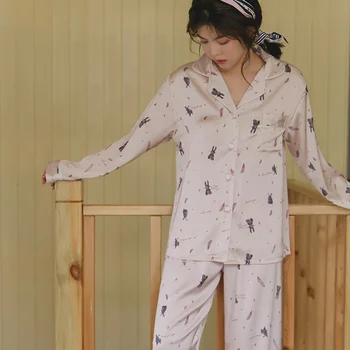 2022 Yaz Yeni Uzun Kollu Pantolon İpek Pijama Kadın Taklit İpek Buz Ev Tavşan Dantel Ev Giysileri 9