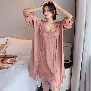 Seksi Kadın Gece Pijama Ipek Elbise Salonu Aşınma Beyaz Pembe Kimono Bornoz Setleri Iç Çamaşırı Uzun Kollu Kış Kıyafeti Bornoz 1