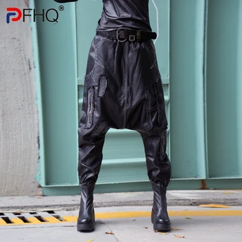 PFHQ 2023 İlkbahar Sonbahar erkek Moda Pu Çapraz pantolon Tasarımcı Rahat Moda Zarif Kişilik Deri Pantolon Yüksek Sokak Yeni