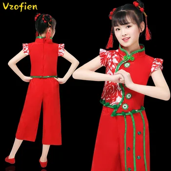 Antik Çin Yangko dans kostümü Kızlar Çocuklar Ulusal Fan Dans Sahne Performansı Kırmızı Çin Tarzı Hanfu Takım Elbise Hmong Elbise 7
