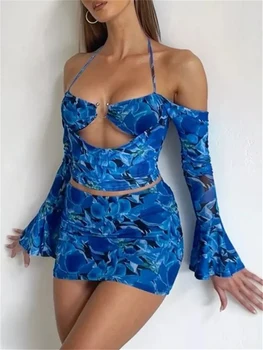 wsevypo Mavi Çiçek Iki Parçalı Eşleşen Setleri Kadınlar Seksi Sokak Clubwear Kıyafet Off-Omuz Halter Mahsul Tops + Bodycon Mini Etek 11