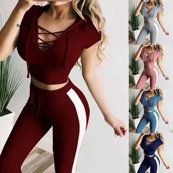 Kadın Takım Elbise Sıcak Satış 2 parça Eğlence Spor Kırpma Üst Yoga Spor Tayt Spor Kapşonlu Pantolon Bayanlar Moda İki parçalı L 19