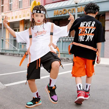 Çocuk Hip Hop giyim askısı Grafik Tee Büyük Boy T Shirt Üst Yaz Kargo Şort Kız Erkek Caz dans kostümü Giysi Seti 11