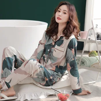 Pijama kadın pamuklu uzun kollu tişört Bahar Sonbahar Kore Desen Gevşek Ev Giyim İnce Takım Elbise Bayan Uyku Tulumu Pijama Kıyafeti 10