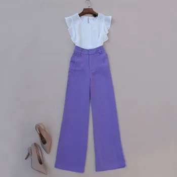 Yaz Zarif Ruffled Şifon Bluz Üst ve Yüksek Bel Geniş Bacak Pantolon Kadın Giyim Seti