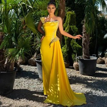 Parlak Sarı Uzun balo kıyafetleri 2022 Modern Bir Omuz Boncuklu Sequins Akşam Partisi Törenlerinde Aso Ebi Gelin Vestidos De Marrige 15