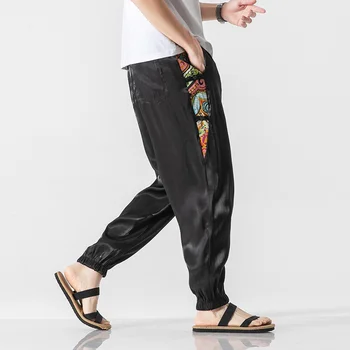 Yaz Japon Ultra İnce Buz İpek harem pantolon Ulusal Tarzı Patchwork Joggers Çin Tarzı Artı Boyutu eşofman altları Erkekler