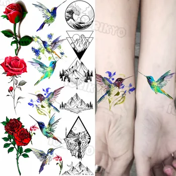 Suluboya Hummingbird Küçük Geçici Dövmeler Kadın Erkek Dağ Dalga Gül Çiçek Sahte Dövme Etiket Önkol Dövmeler Bacak