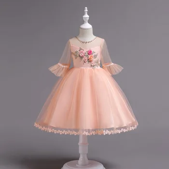 Yeni Dantel Çiçek Prenses Elbise Noel Kız Elbise Yaz Üç Boyutlu Yaprakları Ponpon Net İplik Kız Elbise