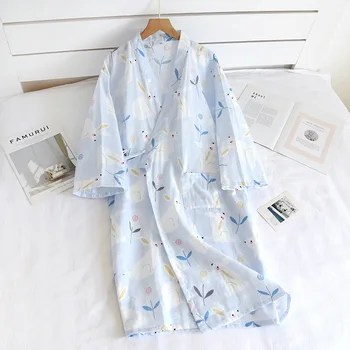 İlkbahar / Yaz Pamuk Gazlı Bez İnce Elbise Kadın Karikatür Bornoz Japon Kimono Pijama Üç Çeyrek Elbiseler Gecelik Pijama 12