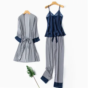 Ev Giysileri Yeni Saten 3 adet Pijama Seti Kadın Dantel Askı Pijama Takım Elbise Gevşek Rahat Seksi Bahar Yaz Uyku Seti Kimono Kıyafeti 11