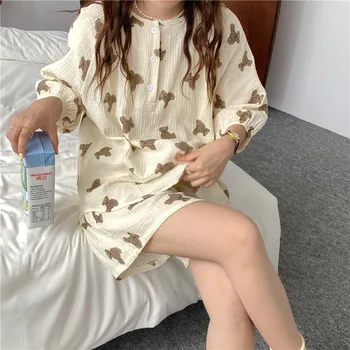 Kore Kawaii Yaz Pijama Seti Kadın Uzun Kollu Gömlek + şort takımı İki Parçalı Ev Takım Elbise Pamuk Rahat Ayı Ev Giysileri 11