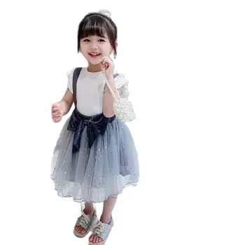 Yaz çocuk Tankı Etek Takım Elbise Kız Fırfır Kolsuz Yelek Üstleri papyon Kayış Yıldız Net Gazlı Bez Etek İki Parçalı Setleri 2-6 Yıl 2