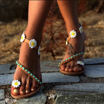 Yaz Ayakkabı Kadın Gladyatör Sandalet Kadın Ayakkabı Düz Moda Tatlı Çiçekler Boho plaj sandaletleri Bayanlar Artı Boyutu 44 GAOKE 18