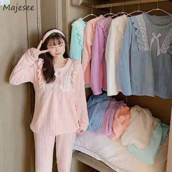 Pijama Setleri Kadın Moda Basit Güzel Dantel Ruffles Patchwork Sıcak Kış Yeni Rahat Kore Tarzı Gecelik Gevşek Popüler Rahat