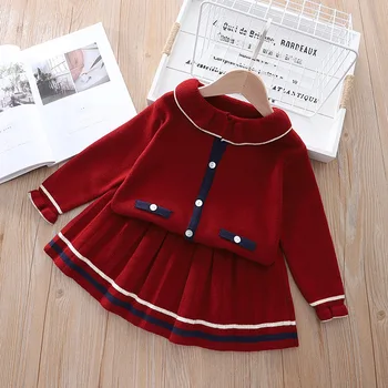 2022 Sonbahar Yeni Kore Versiyonu çocuk Yaka Kazak Hırka Etek Takım Elbise çocuk Giyim Bebek Kız günlük giysi 2-6 yıl 2