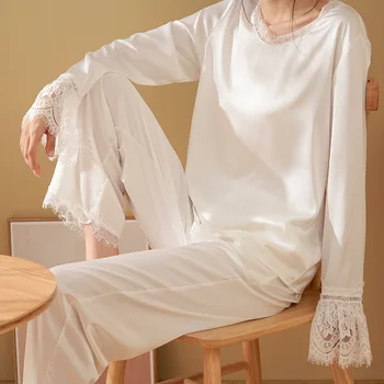 Bahar Bayanlar Pijama Uzun Kollu Buz İpek Loungewear Dantel Tatlı Loungewear Pantolon 2 parça Takım Elbise Beyaz Rahat Ev Giysileri 17
