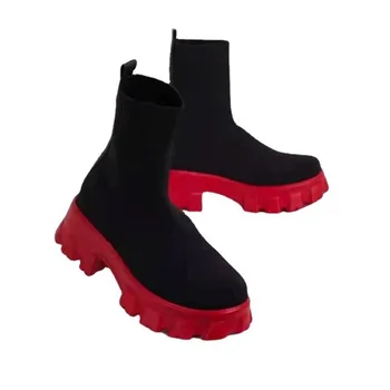 2022 Sonbahar Kış Yeni Çift Çorap Ayakkabı Kadın Kalın tabanlı Rahat Büyük Boy Net Kırmızı Örme kısa çizmeler botas De Mujer