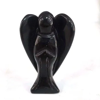 Doğal Oyma Siyah Obsidyen Taş Taş Barış Guardian melek heykelcikleri Reiki Çakra Şifa Kristal Heykeli 3 inç Taş Dekor XY