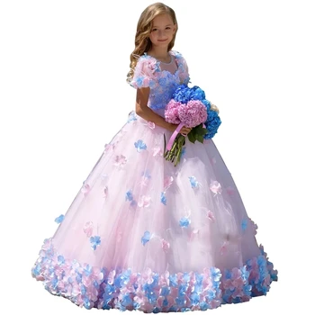 Renkli kabarık balo çiçek kız elbise için parti 3d çiçekler tüy o boyun kızlar pageant elbise doğum günü elbisesi 15