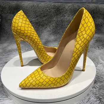 Marka Tasarım Kadın Moda Sivri Burun Patent Deri Stiletto Ince Topuk Pompaları Sarı Yılan Desen Süper Yüksek Topuklu Kulübü Ayakkabı 19