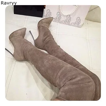 Ins Moda Kadın uzun çizmeler elastik süet deri çizme sonbahar kadın ayakkabı ince topuk sivri burun kadın ayakkabısı parti elbise ayakkabı