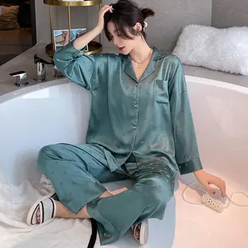 Aşk Jakarlı Uyku Seti Kadın Pijama Yumuşak Samimi İç Çamaşırı Saten Ev Giysileri Düğmeleri İle Seksi İki Adet Gömlek ve Pantolon Takım Elbise 13