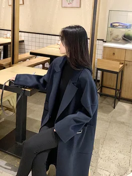 2021 sonbahar ve kış yeni high-end çift taraflı kaşmir ceket kadın Kore tarzı diz üzerinde orta ve uzun gevşek yün ceket 7