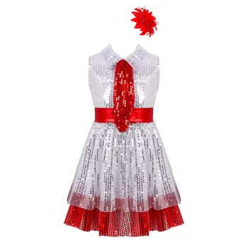 Çocuk Kız Leotard Tutu Etekler Yatak Açma Yaka Kırmızı Eşarp Köpüklü Sequins Bale Elbise Çocuklar Modern Caz Latin Dans Sahne Elbise 1
