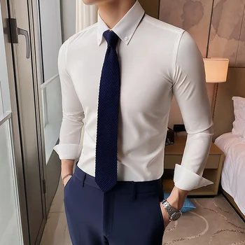 Yeni Sonbahar 2022 Uzun Kollu Gömlek Erkekler Moda Bluz Katı Sosyal Resmi İş Yakışıklı Kore Slim Fit Camisa Üstleri W272 7