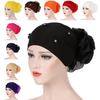Müslüman Kadınlar Kaput Boncuk Büyük Çiçek Kasketleri Skullies Saç Dökülmesi Şapka Türban Bandanalar Kemo Kanseri Kap kızılderili şapkası Başörtüsü Yeni 4