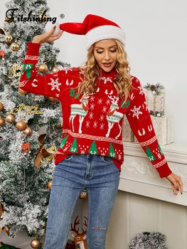 Fitshinling Kırmızı Noel Kazak Kazak Yeni Yıl Kış Çirkin Jumper Örgü Tops Elk Noel Kar Tanesi Moda Ince Çeker Femme