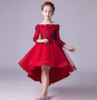 Pageant Kız Elbise Kapalı Omuz Aplikler Hi-Lo Çiçek Kız Parti Kıyafeti Prenses Düğün Balo İlk Communion elbise 8