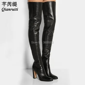 Qianruiti Düz Deri Siyah Uyluk Yüksek Çizmeler Kare Topuk Diz Üzerinde Yüksek Çizmeler Sonbahar Ayakkabı Moda Motosiklet Patik Kadın 9