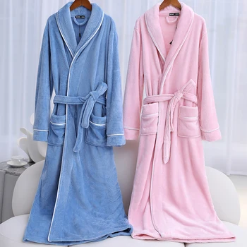 Yaka Kış Sıcak Elbise Mercan Polar Kimono Bornoz Elbisesi Kemer Flanel Severlerin Pijama Ultra Uzun Kıyafeti Loungewear 10