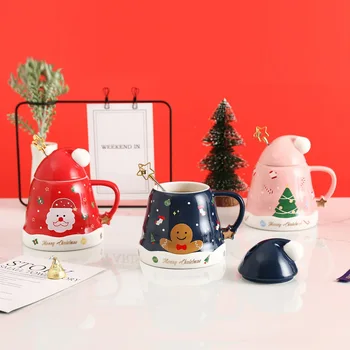 Santa Şapka Kupalar Karikatür Noel Baba Baskılı Seramik Su kapaklı şişe Kaşık Sevimli Kahve Kupa ile Şenlikli Bir Atmosfer Yaratmak 14