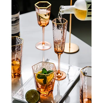 Iskandinav Altıgen Çekiç Şerit Altın Çerçeveli Kristal şarap bardağı şampanya kadehi Kadehler Viski Parti Drinkware 8
