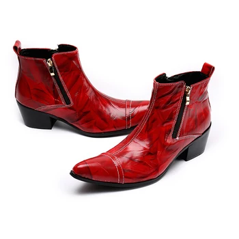 Batzuzhi 6.5 cm Topuklu Batı kovboy çizmeleri Erkekler Sivri Burun Hakiki Deri Erkek Botları Kırmızı Parti ve Düğün Çizmeler Ayakkabı Erkekler, büyük 46 10
