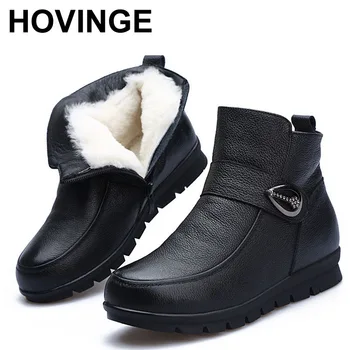 HOVINGE 2020 Yeni yumuşak deri anne ayakkabısı kadın yarım çizmeler toka yuvarlak ayak sıcak kış kar botları bayanlar düz ayakkabı 9