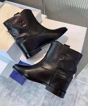 Kadın ayakkabısı Paris Küme Çizmeler Siyah Hakiki Deri Gizli Kama Topuk yarım çizmeler
