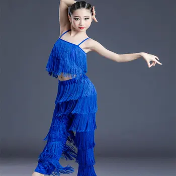 Kız Latin Dans Elbise Kızlar İçin Çocuk Balo Salonu Püskül Saçak Elbise Üstleri Pantolon Salsa Samba Kostüm Çocuk Dans takım elbise Mavi