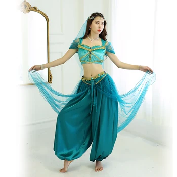 Bollywood Oryantal Dans Yasemin Kostüm Aladdin Cadılar Bayramı Kıyafet Yasemin Prenses Kostümleri Teal İçin Kadın / Kız Peçe Üst pantolon 10