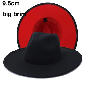 9.5 cm Büyük Ağız Kadın Bahar Yaz Şapka Siyah Kırmızı Patchwork Geniş fötr şapka Şapkalar Caz Panama Erkekler Klasik Kapaklar 8
