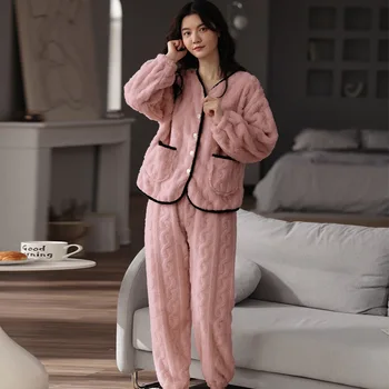 Pembe Pazen Sıcak Kıyafeti Seksi Sıcak Pijama Setleri 2 ADET Sonbahar Kış Armürlü Pijama Takım Elbise Yumuşak Samimi Pijama Salonu Aşınma 19